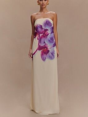 MESHKI Strapless Cream Maxi Dress with Purple Floral Print